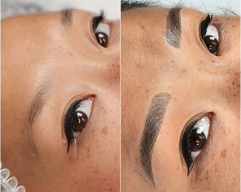 Maquillage permanent des sourcils à Lyon par Emma Dumont, experte Em’maquillage - Retouches, avant/après